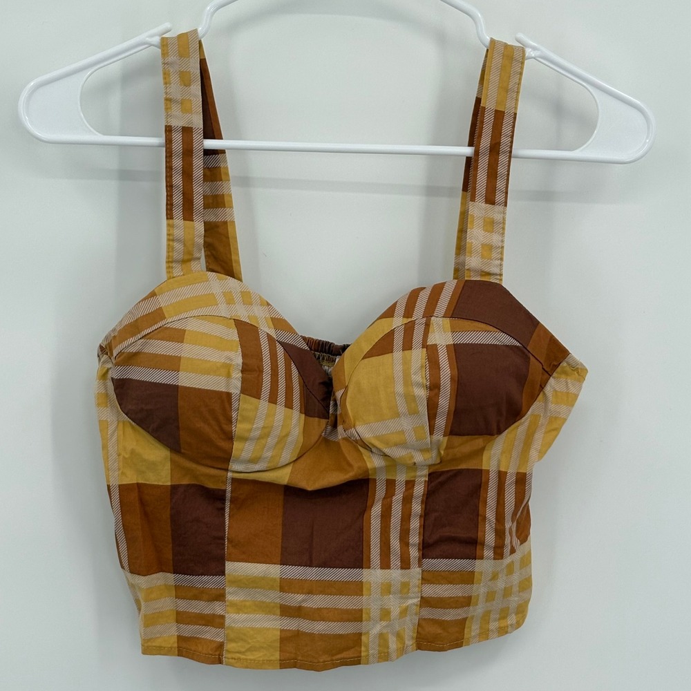 Twine & String Plaid Bustier Crop Top Orange Yellow Brown Medium MT6765178XTS